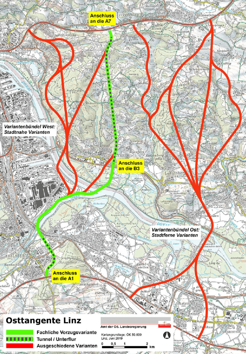 Der Verlauf der neuen Linzer Osttangente auf Karte visualisiert.