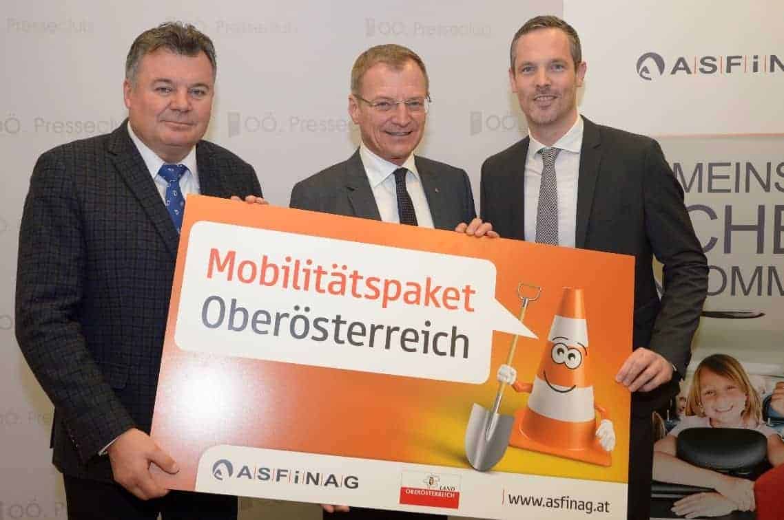 Mobilitätspaket für OÖ: Landesrat Mag. Günther Steinkellner, Landeshauptmann Mag. Thomas Stelzer, ASFINAG-Vorstand Mag. Hartwig Hufnagl